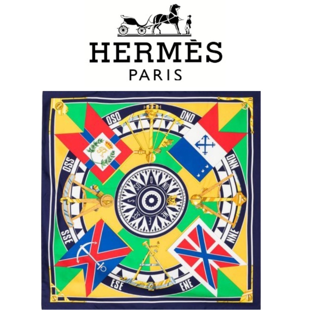Hermès “Sextants” by Loïc Dubigeon 100% Silk Scarf Vintage 1981 Multicolor + Box